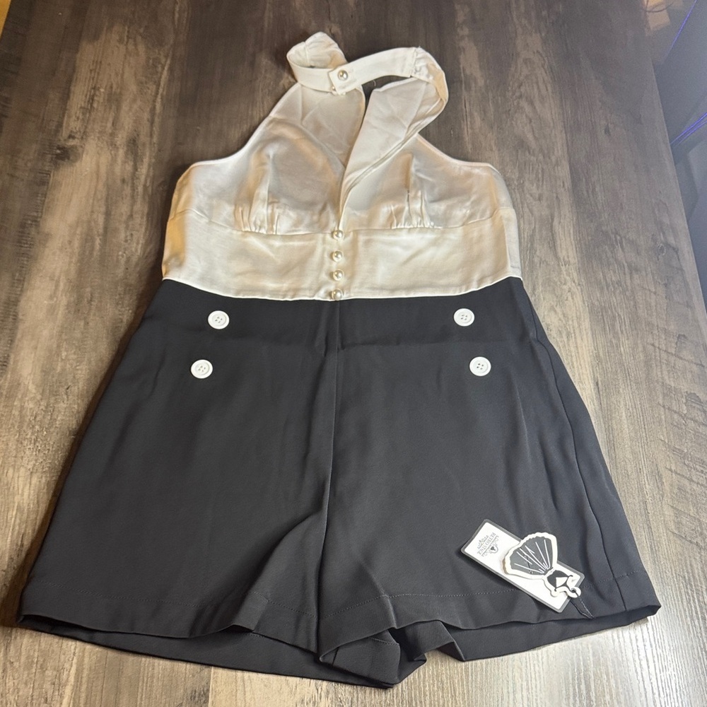 Retro Stage Pinup Romper Ivory Halter Top with Black Sailor-Style Short